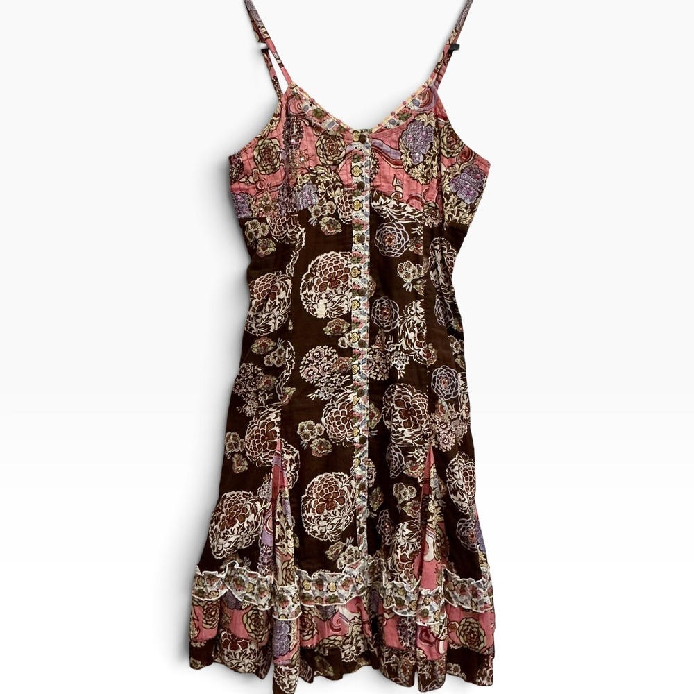 Vintage Funky People Patchwork Floral Sequin Boho Midi Dress Brown Pink M Y2K